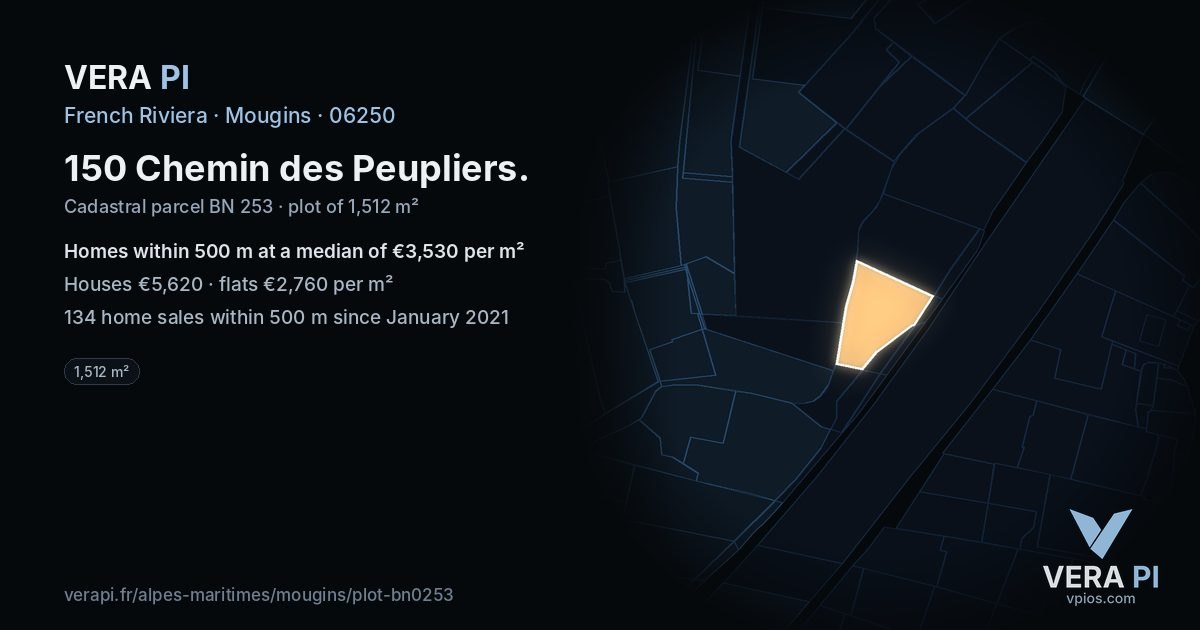 150 Chemin des Peupliers, Mougins at night – the plot lit, the parcels around coloured by the prices near them