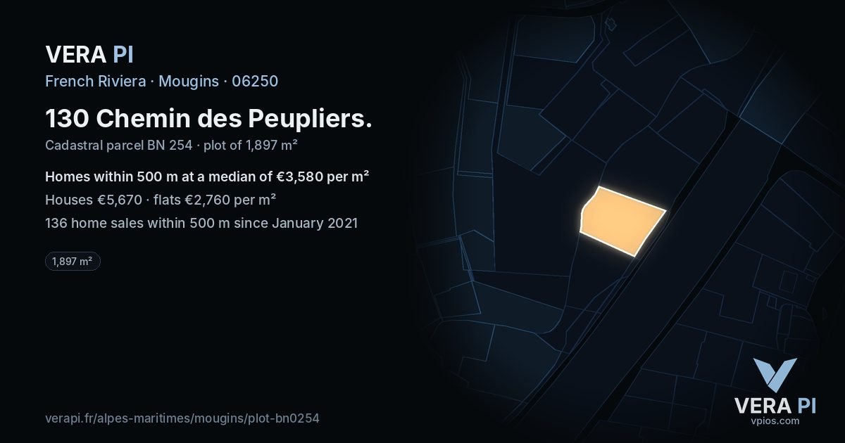 130 Chemin des Peupliers, Mougins at night – the plot lit, the parcels around coloured by the prices near them