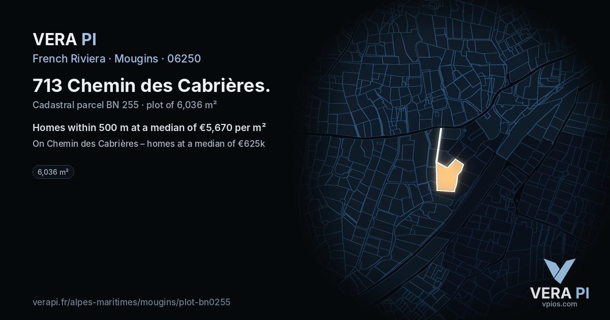 713 Chemin des Cabrières, Mougins at night – the plot lit, the parcels around coloured by the prices near them