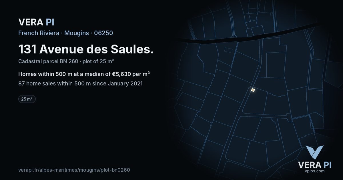 131 Avenue des Saules, Mougins at night – the plot lit, the parcels around coloured by the prices near them
