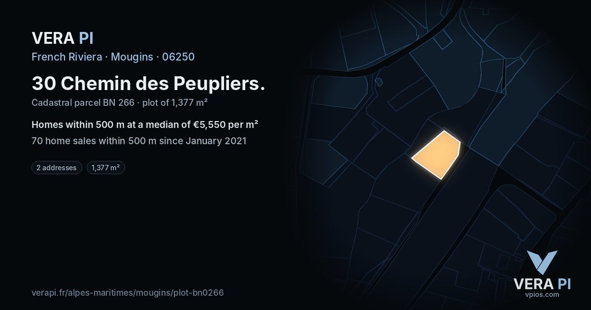 30 Chemin des Peupliers, Mougins at night – the plot lit, the parcels around coloured by the prices near them
