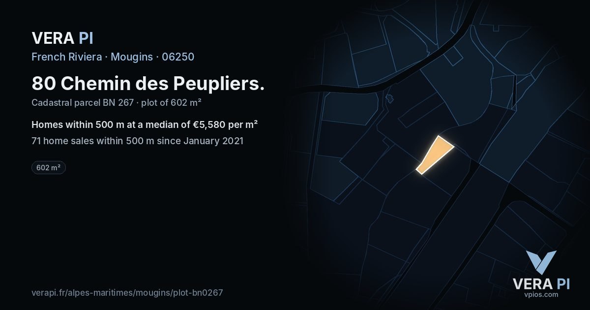80 Chemin des Peupliers, Mougins at night – the plot lit, the parcels around coloured by the prices near them