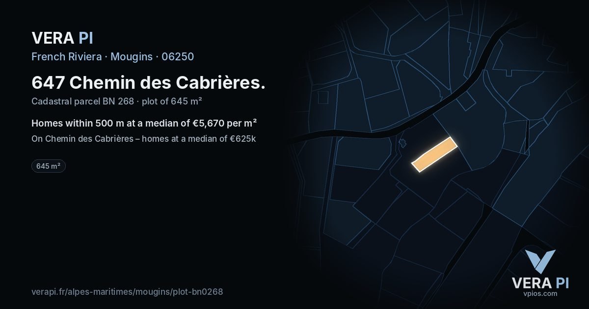 647 Chemin des Cabrières, Mougins at night – the plot lit, the parcels around coloured by the prices near them