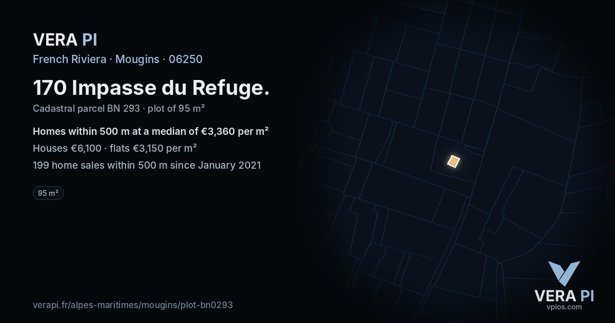 170 Impasse du Refuge, Mougins at night – the plot lit, the parcels around coloured by the prices near them