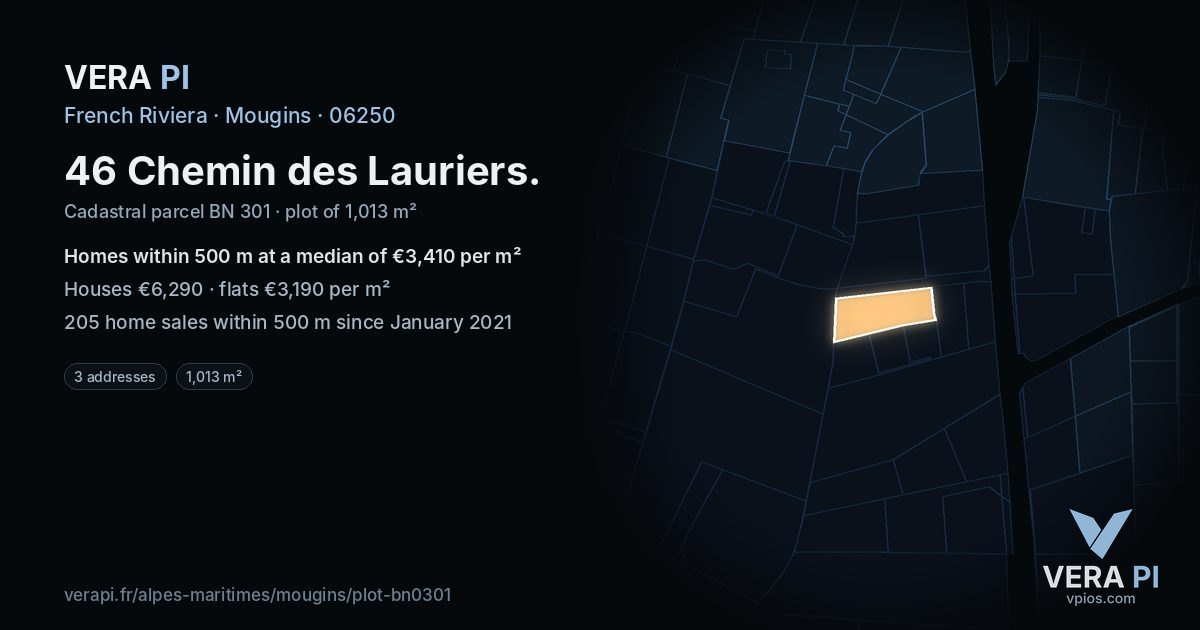 46 Chemin des Lauriers, Mougins at night – the plot lit, the parcels around coloured by the prices near them