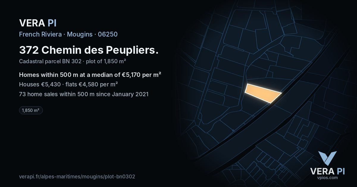 372 Chemin des Peupliers, Mougins at night – the plot lit, the parcels around coloured by the prices near them