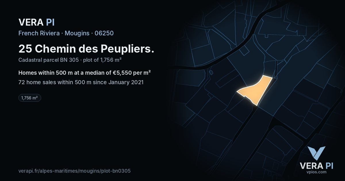 25 Chemin des Peupliers, Mougins at night – the plot lit, the parcels around coloured by the prices near them