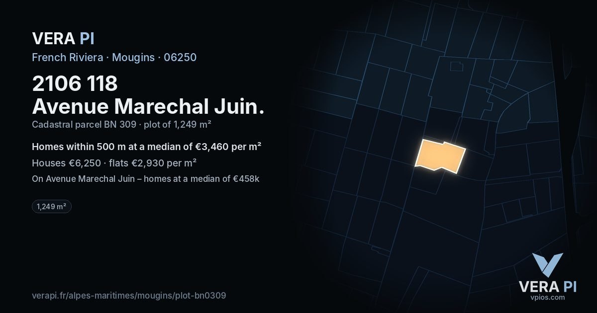 2106 118 Avenue Marechal Juin, Mougins at night – the plot lit, the parcels around coloured by the prices near them