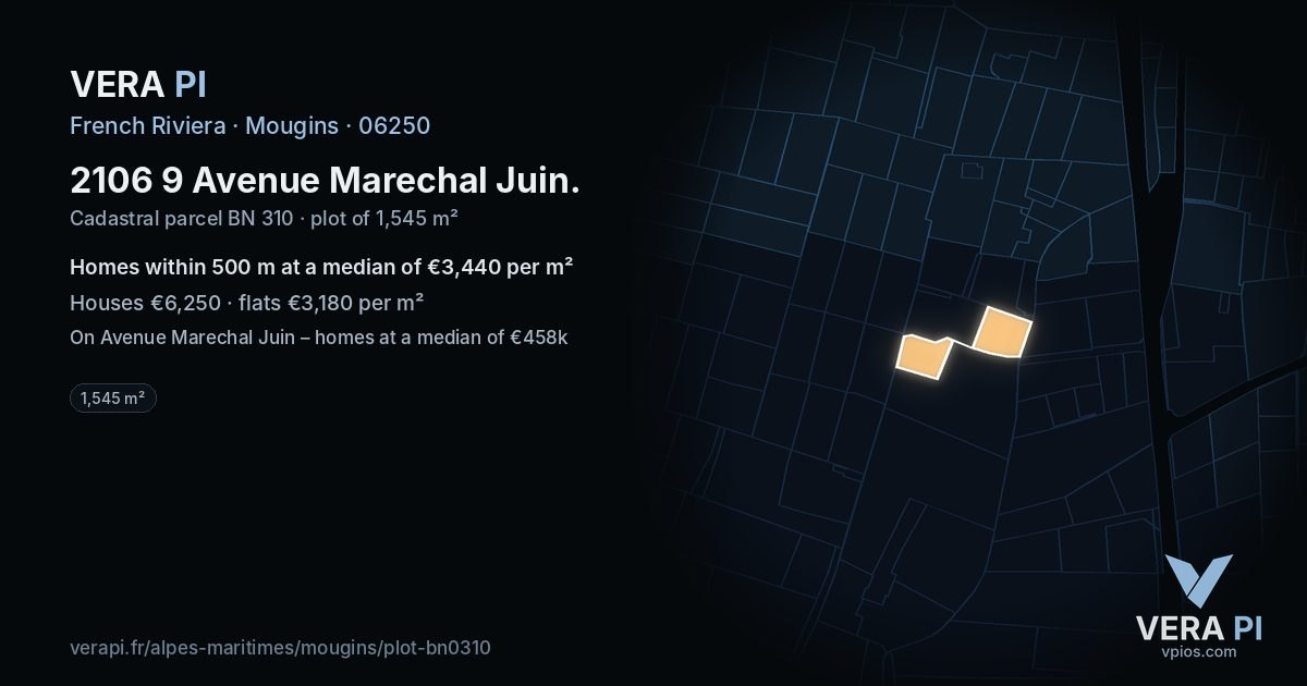 2106 9 Avenue Marechal Juin, Mougins at night – the plot lit, the parcels around coloured by the prices near them