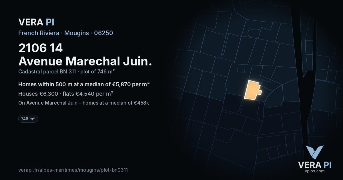2106 14 Avenue Marechal Juin, Mougins at night – the plot lit, the parcels around coloured by the prices near them