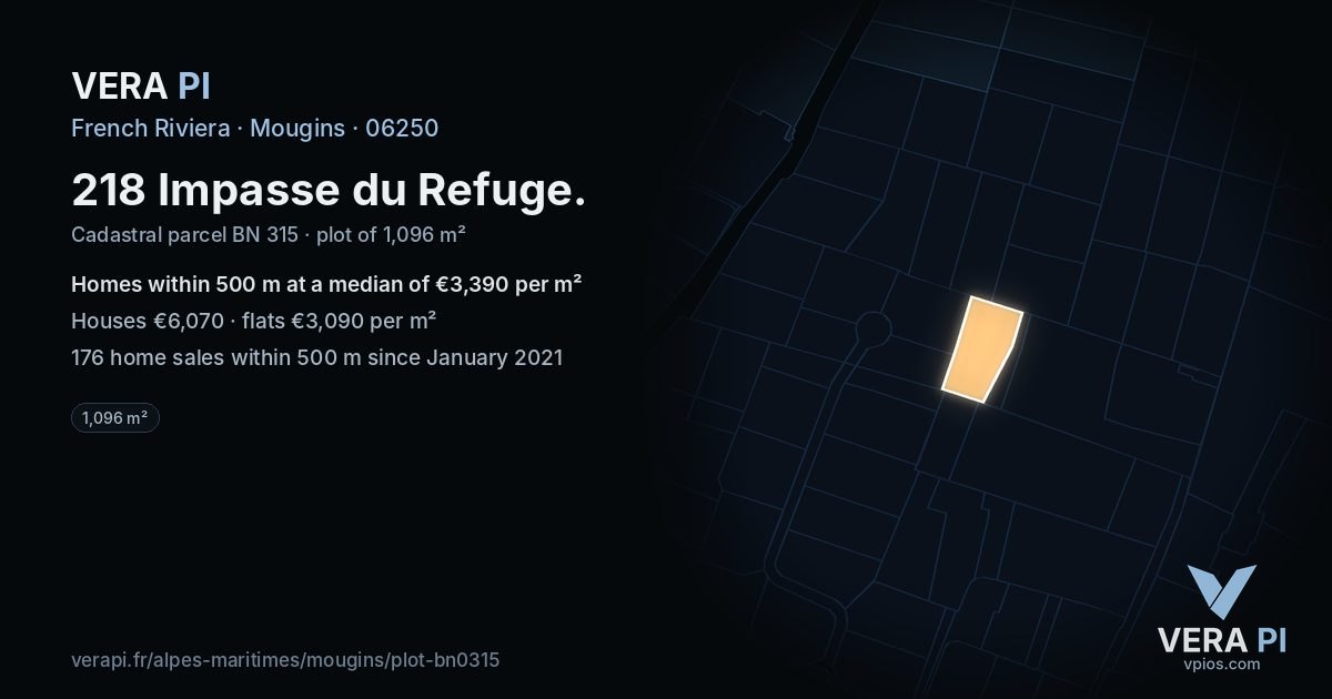 218 Impasse du Refuge, Mougins at night – the plot lit, the parcels around coloured by the prices near them