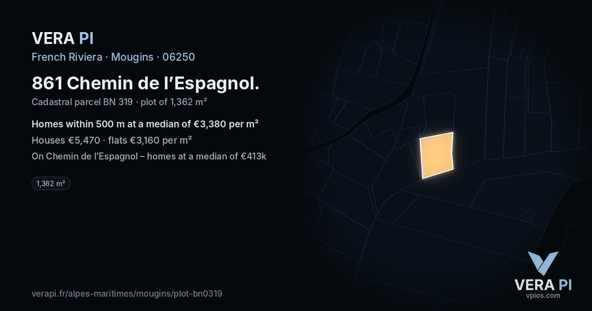 861 Chemin de l’Espagnol, Mougins at night – the plot lit, the parcels around coloured by the prices near them
