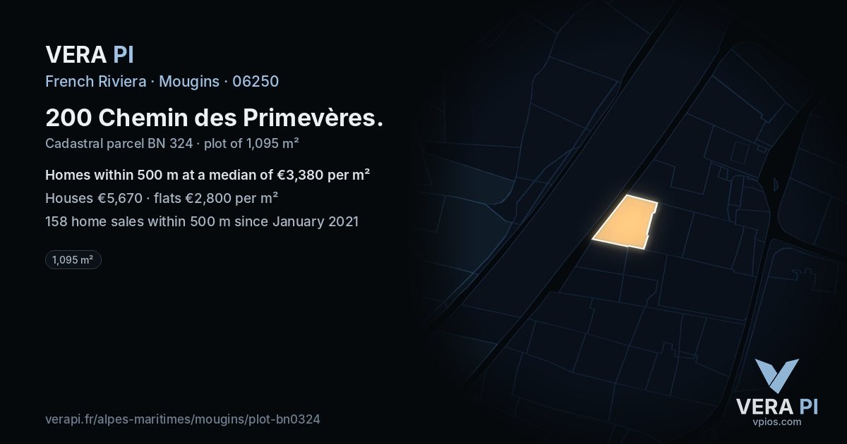 200 Chemin des Primevères, Mougins at night – the plot lit, the parcels around coloured by the prices near them