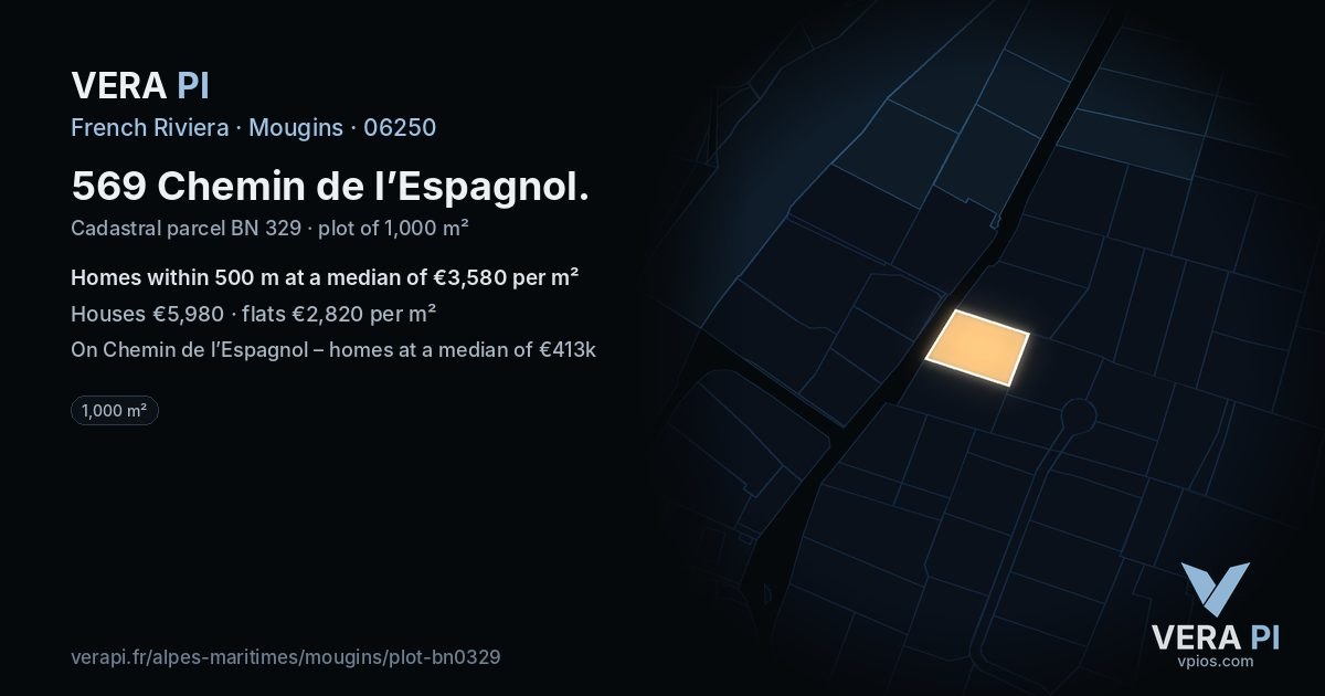 569 Chemin de l’Espagnol, Mougins at night – the plot lit, the parcels around coloured by the prices near them