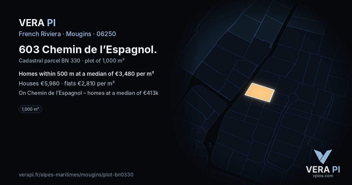 603 Chemin de l’Espagnol, Mougins at night – the plot lit, the parcels around coloured by the prices near them