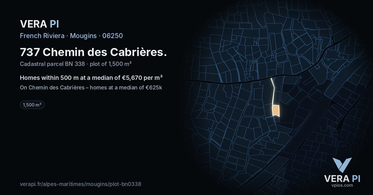 737 Chemin des Cabrières, Mougins at night – the plot lit, the parcels around coloured by the prices near them