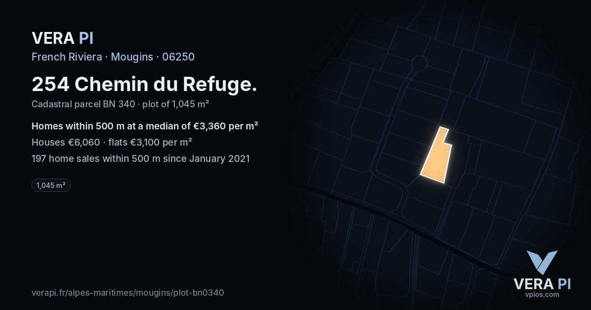 254 Chemin du Refuge, Mougins at night – the plot lit, the parcels around coloured by the prices near them
