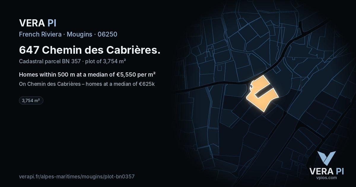 647 Chemin des Cabrières, Mougins at night – the plot lit, the parcels around coloured by the prices near them