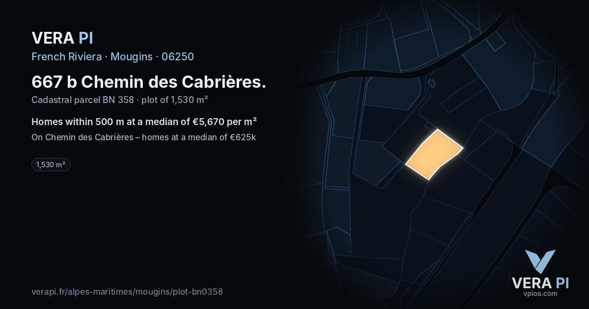 667 b Chemin des Cabrières, Mougins at night – the plot lit, the parcels around coloured by the prices near them