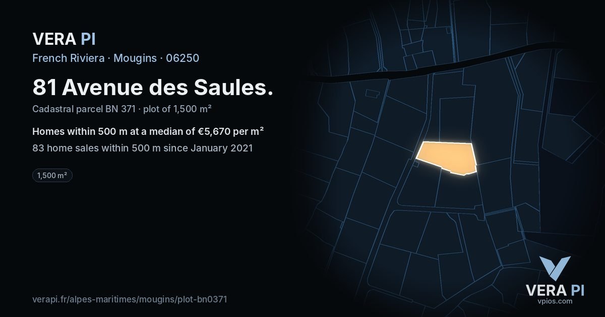 81 Avenue des Saules, Mougins at night – the plot lit, the parcels around coloured by the prices near them