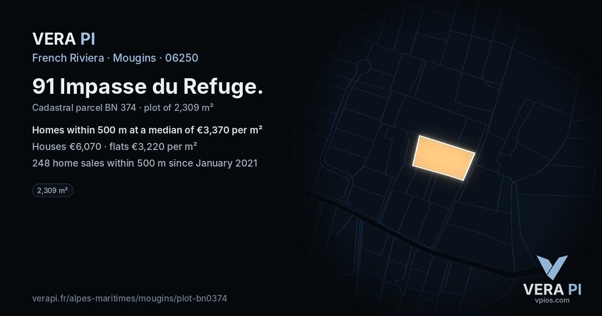 91 Impasse du Refuge, Mougins at night – the plot lit, the parcels around coloured by the prices near them