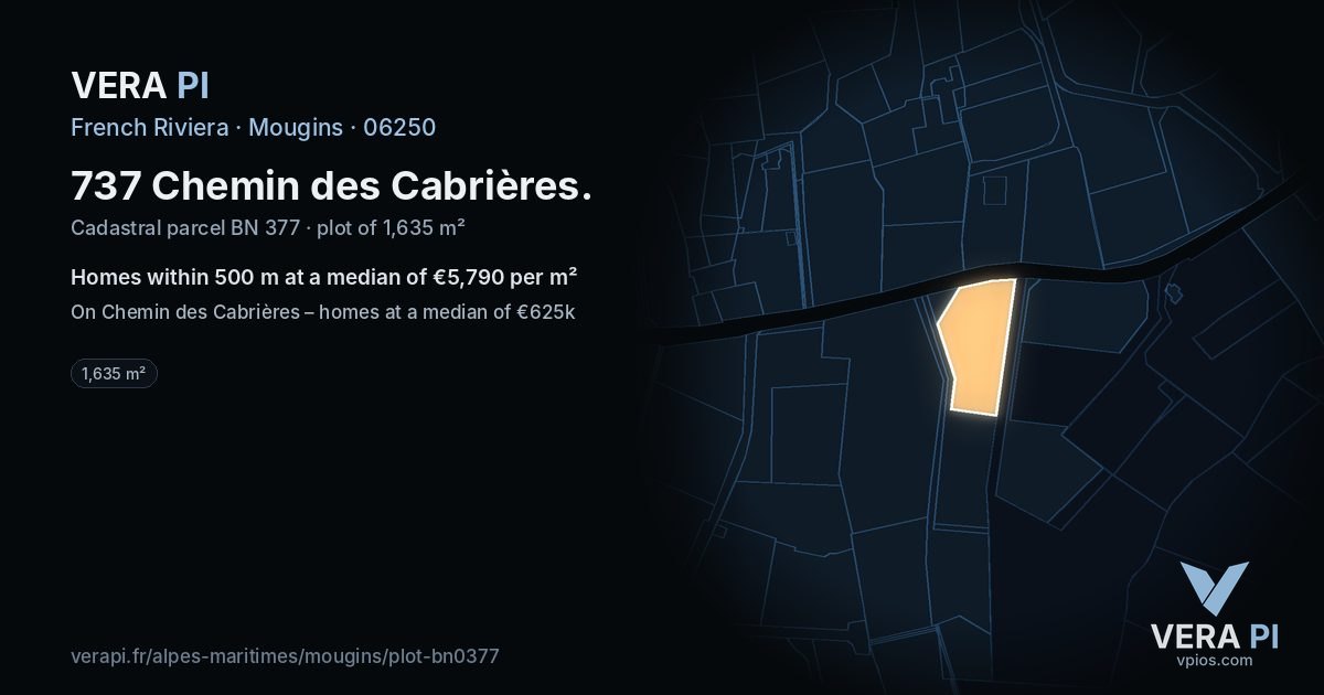 737 Chemin des Cabrières, Mougins at night – the plot lit, the parcels around coloured by the prices near them