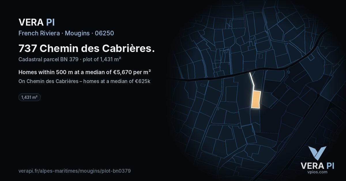 737 Chemin des Cabrières, Mougins at night – the plot lit, the parcels around coloured by the prices near them