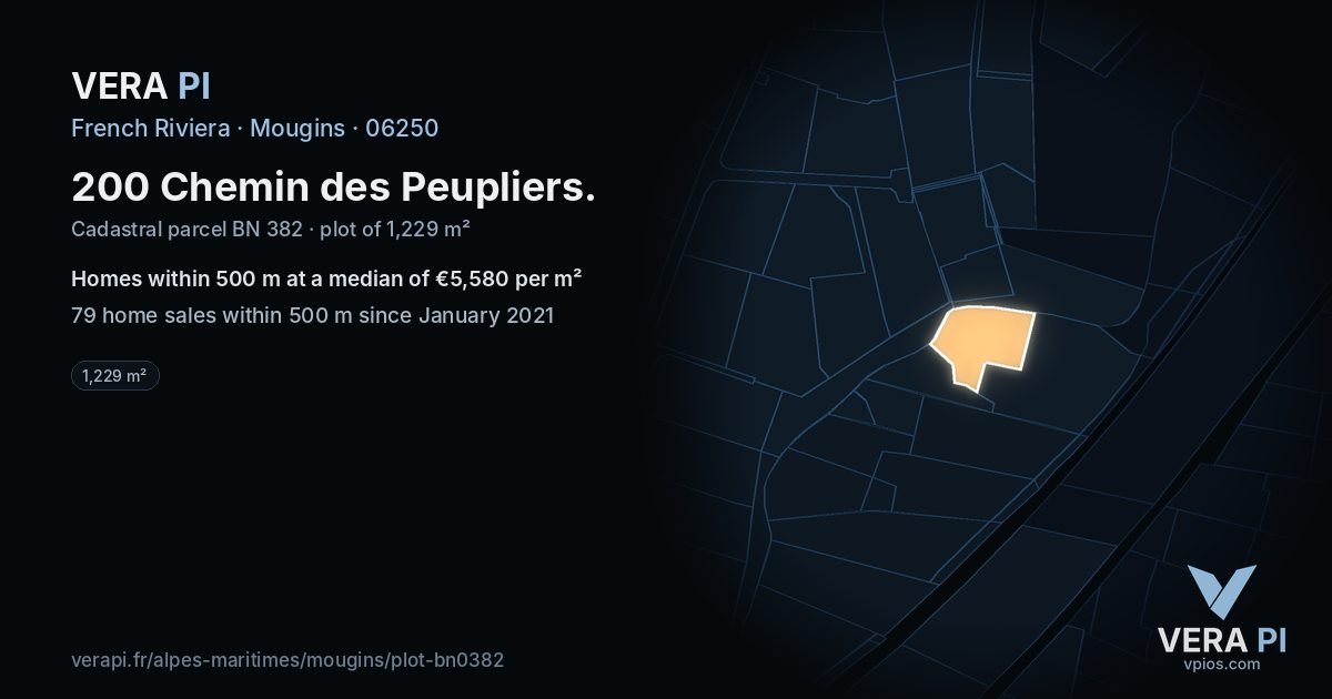 200 Chemin des Peupliers, Mougins at night – the plot lit, the parcels around coloured by the prices near them