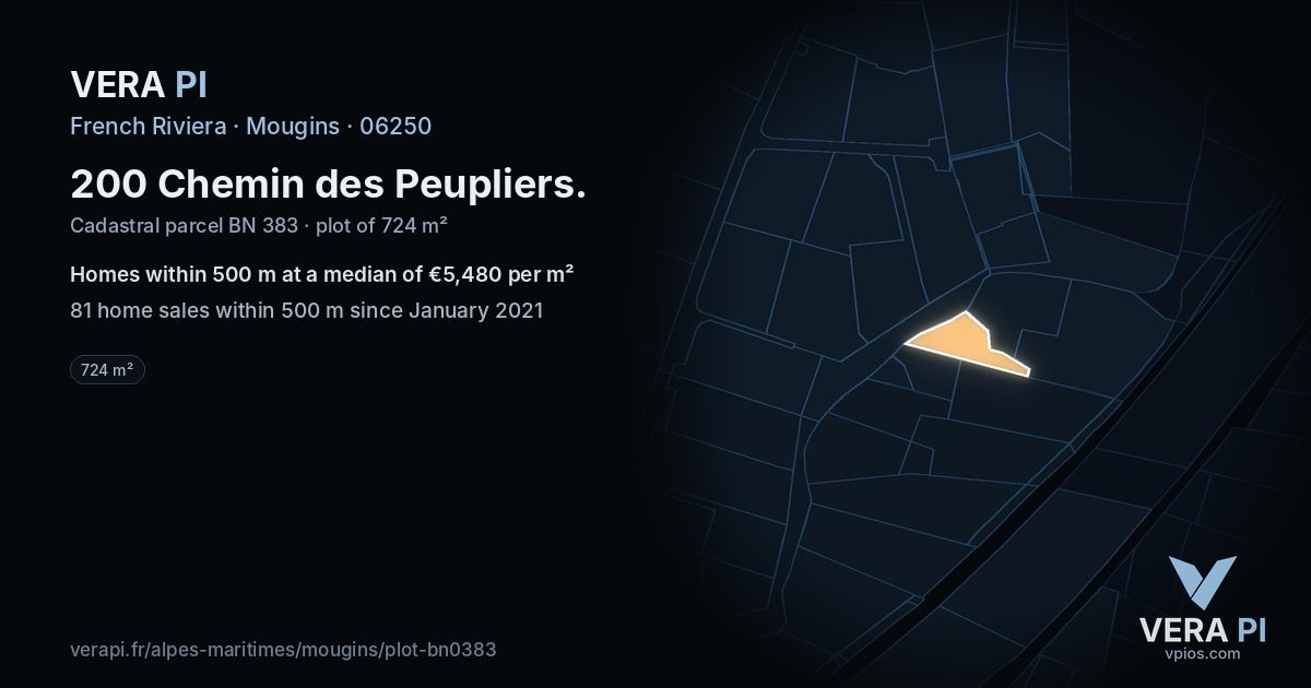 200 Chemin des Peupliers, Mougins at night – the plot lit, the parcels around coloured by the prices near them
