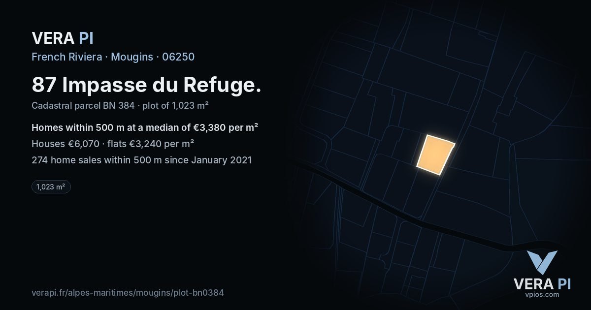 87 Impasse du Refuge, Mougins at night – the plot lit, the parcels around coloured by the prices near them