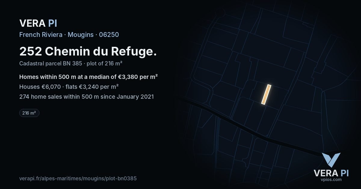 252 Chemin du Refuge, Mougins at night – the plot lit, the parcels around coloured by the prices near them