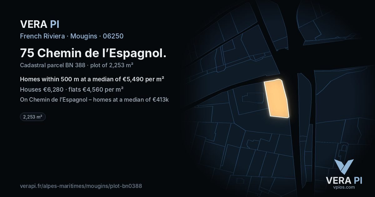 75 Chemin de l’Espagnol, Mougins at night – the plot lit, the parcels around coloured by the prices near them