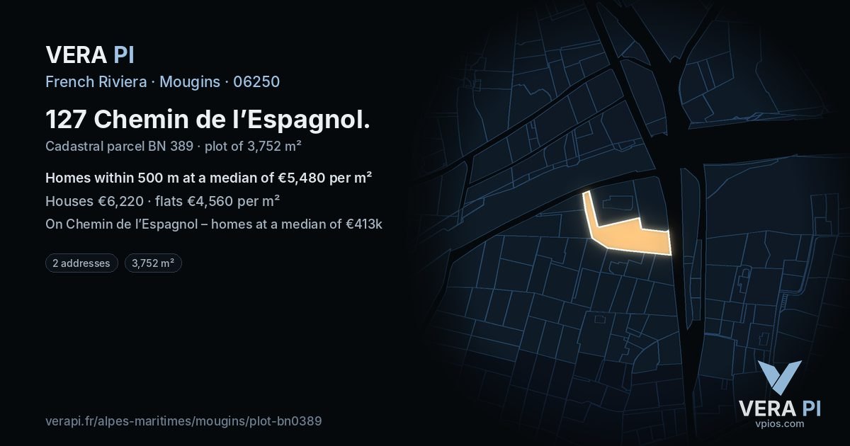127 Chemin de l’Espagnol, Mougins at night – the plot lit, the parcels around coloured by the prices near them