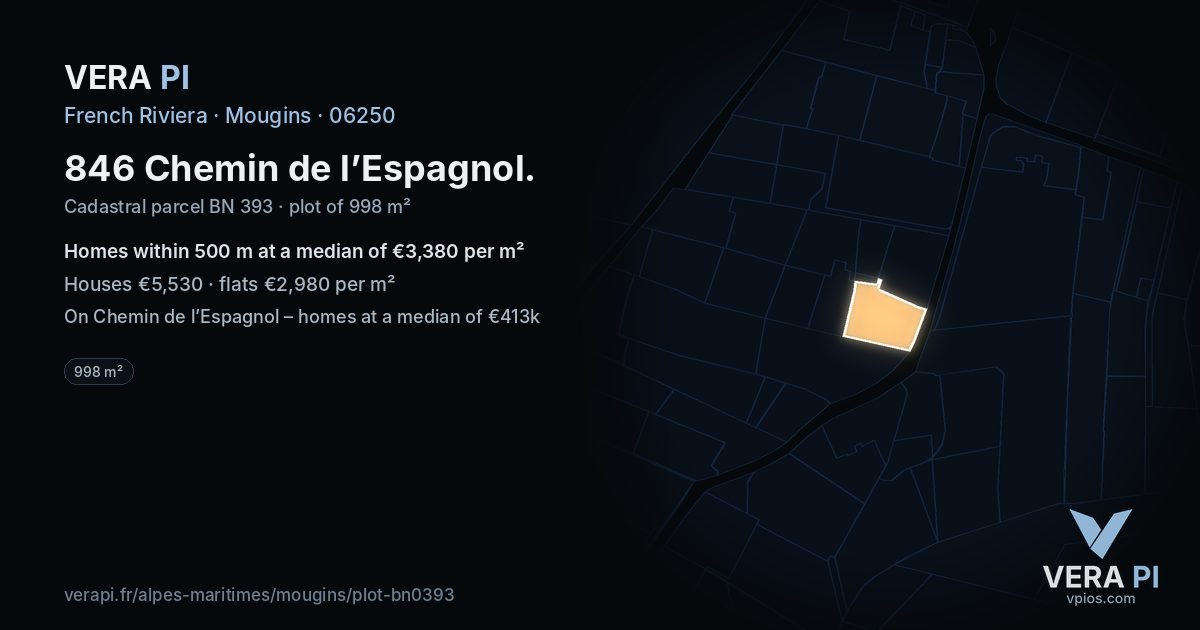 846 Chemin de l’Espagnol, Mougins at night – the plot lit, the parcels around coloured by the prices near them