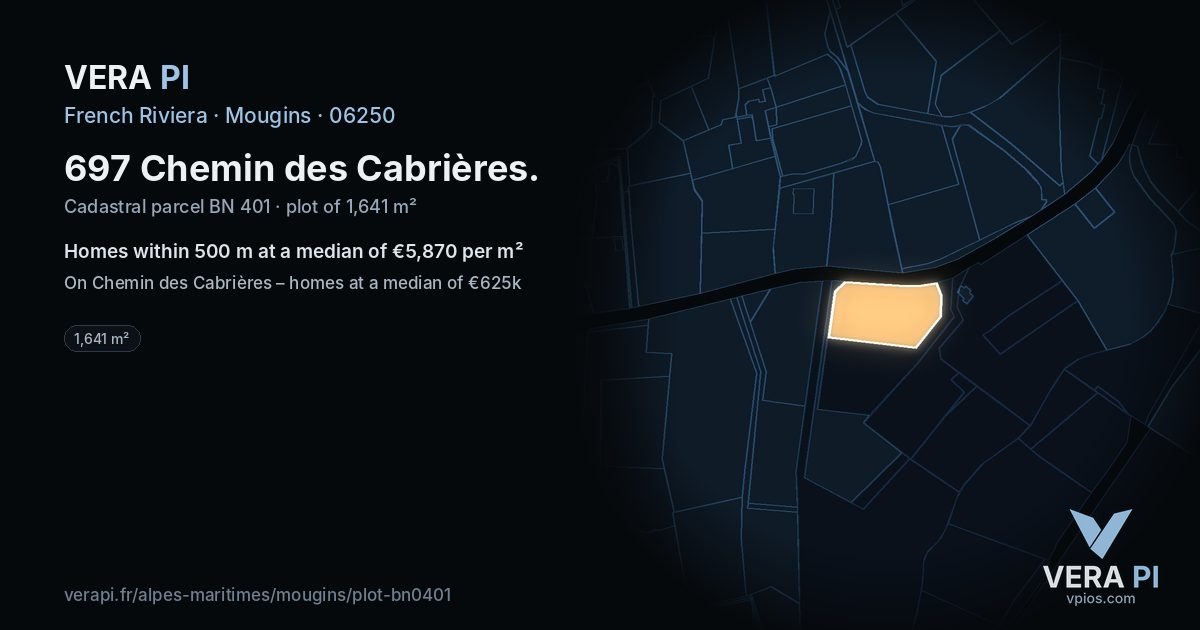 697 Chemin des Cabrières, Mougins at night – the plot lit, the parcels around coloured by the prices near them