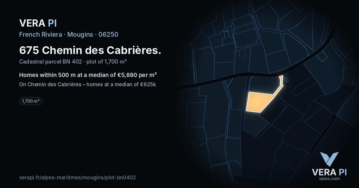 675 Chemin des Cabrières, Mougins at night – the plot lit, the parcels around coloured by the prices near them