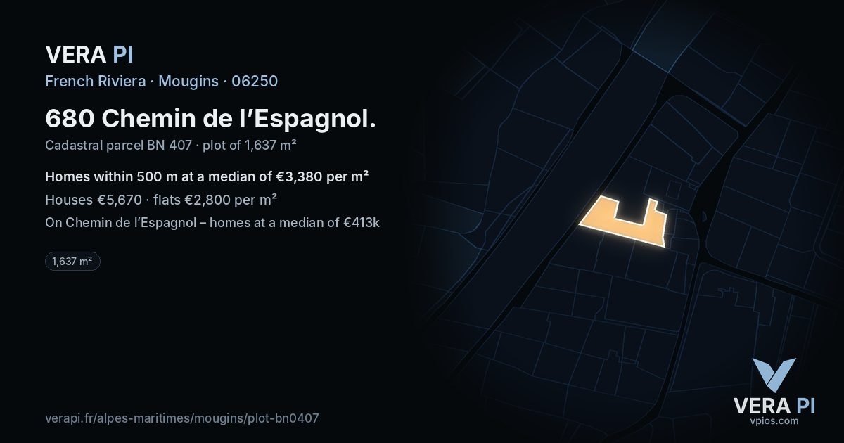 680 Chemin de l’Espagnol, Mougins at night – the plot lit, the parcels around coloured by the prices near them