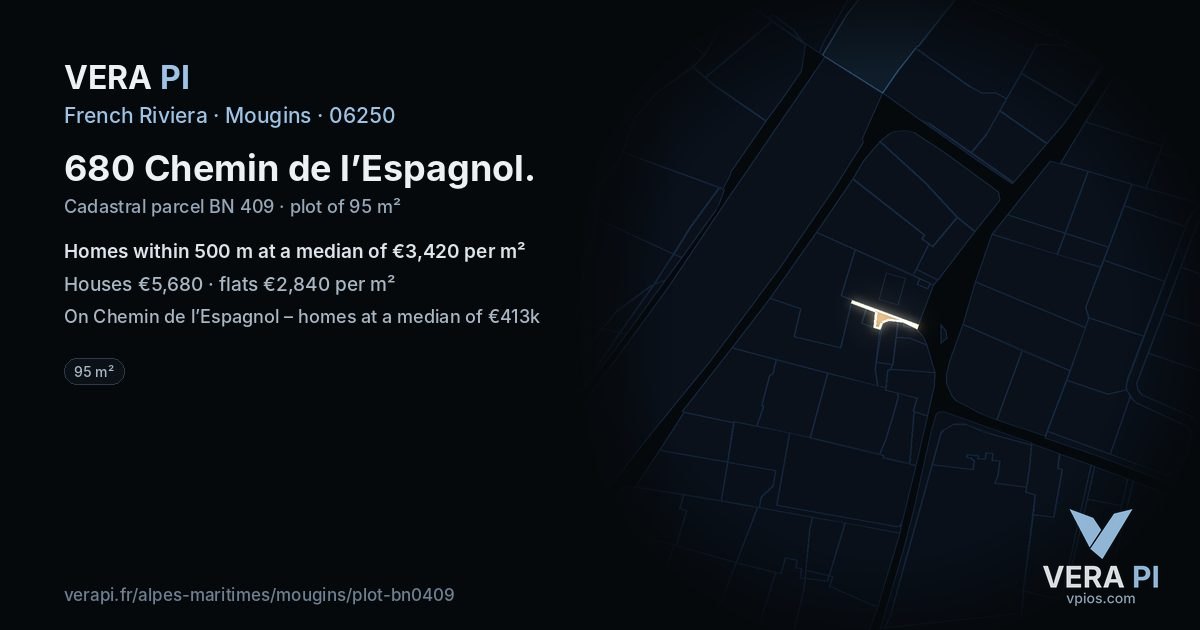 680 Chemin de l’Espagnol, Mougins at night – the plot lit, the parcels around coloured by the prices near them