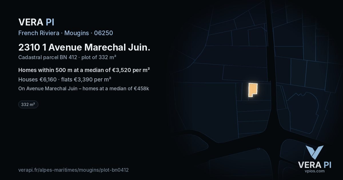 2310 1 Avenue Marechal Juin, Mougins at night – the plot lit, the parcels around coloured by the prices near them