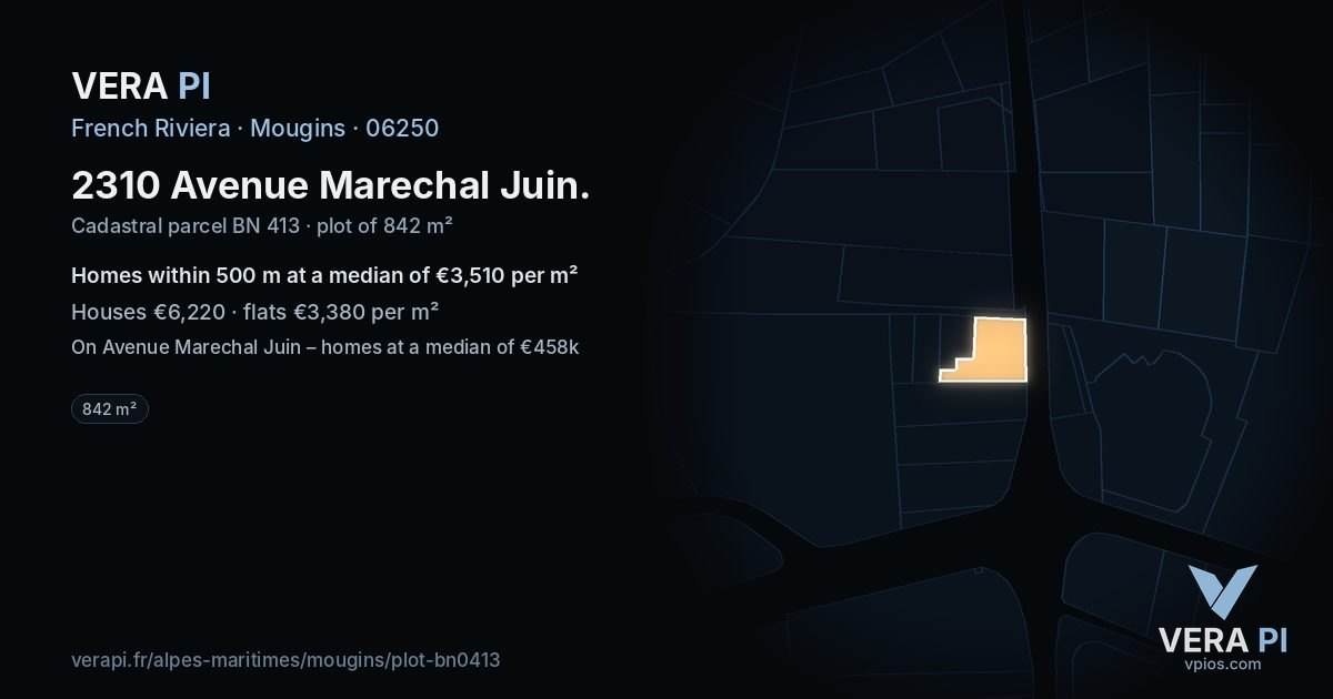 2310 Avenue Marechal Juin, Mougins at night – the plot lit, the parcels around coloured by the prices near them