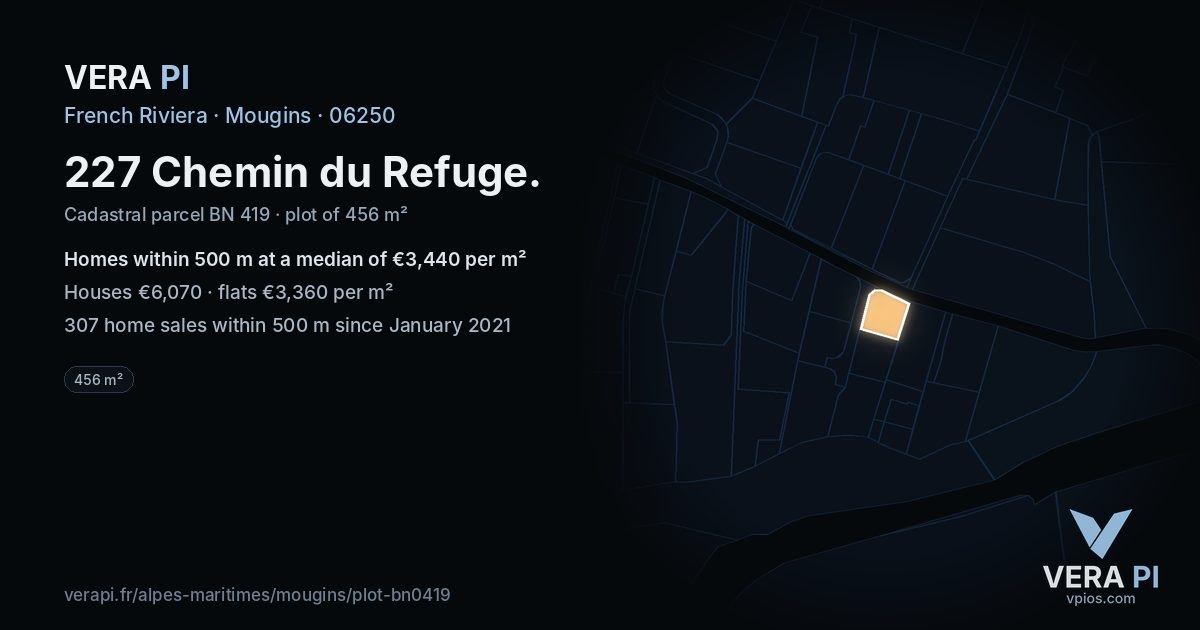 227 Chemin du Refuge, Mougins at night – the plot lit, the parcels around coloured by the prices near them