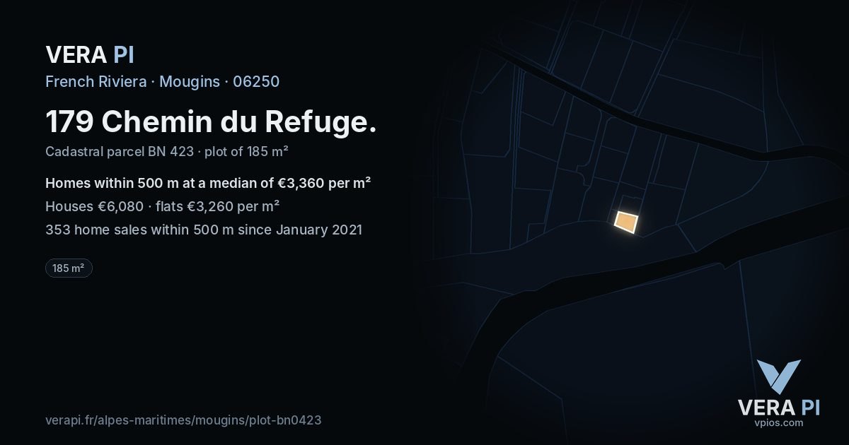 179 Chemin du Refuge, Mougins at night – the plot lit, the parcels around coloured by the prices near them