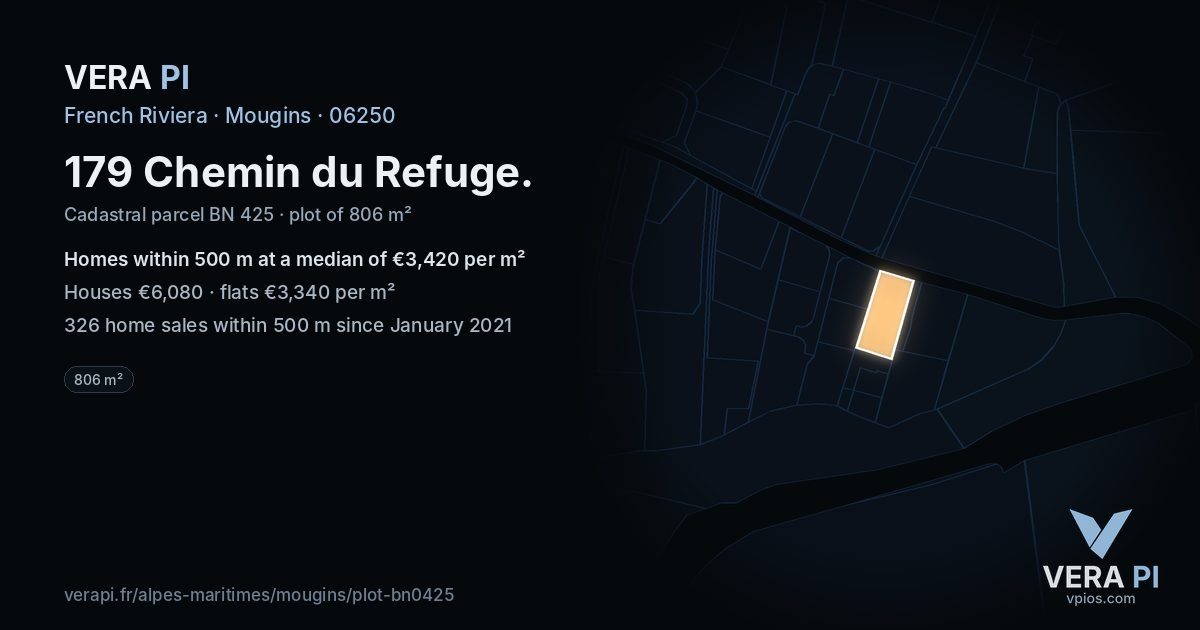 179 Chemin du Refuge, Mougins at night – the plot lit, the parcels around coloured by the prices near them