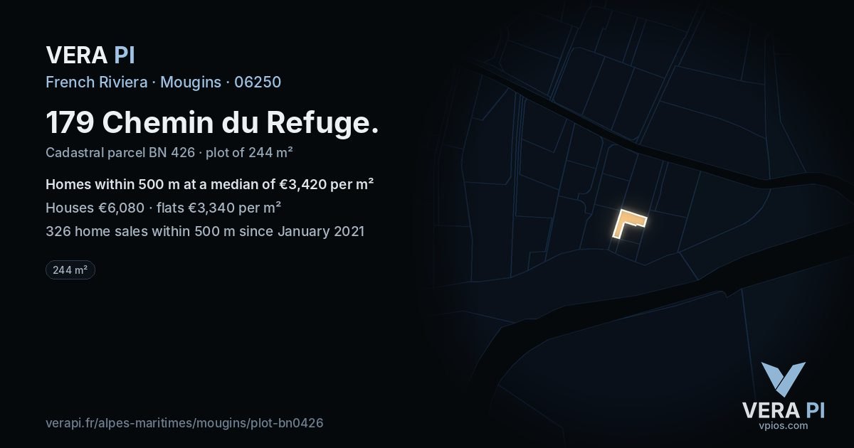 179 Chemin du Refuge, Mougins at night – the plot lit, the parcels around coloured by the prices near them