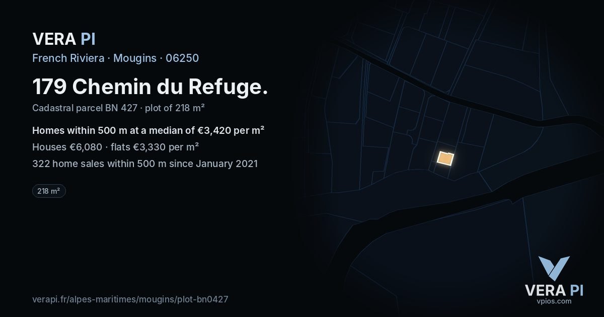 179 Chemin du Refuge, Mougins at night – the plot lit, the parcels around coloured by the prices near them