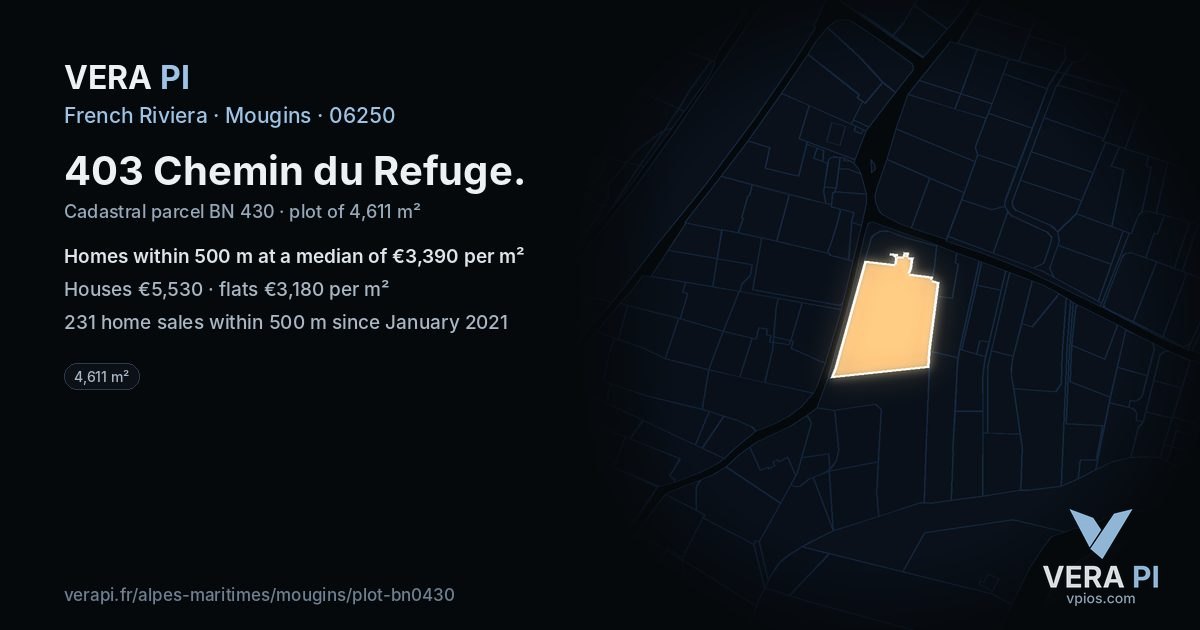 403 Chemin du Refuge, Mougins at night – the plot lit, the parcels around coloured by the prices near them