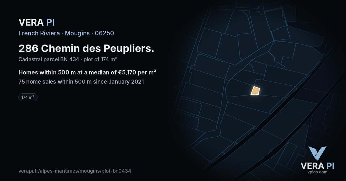 286 Chemin des Peupliers, Mougins at night – the plot lit, the parcels around coloured by the prices near them