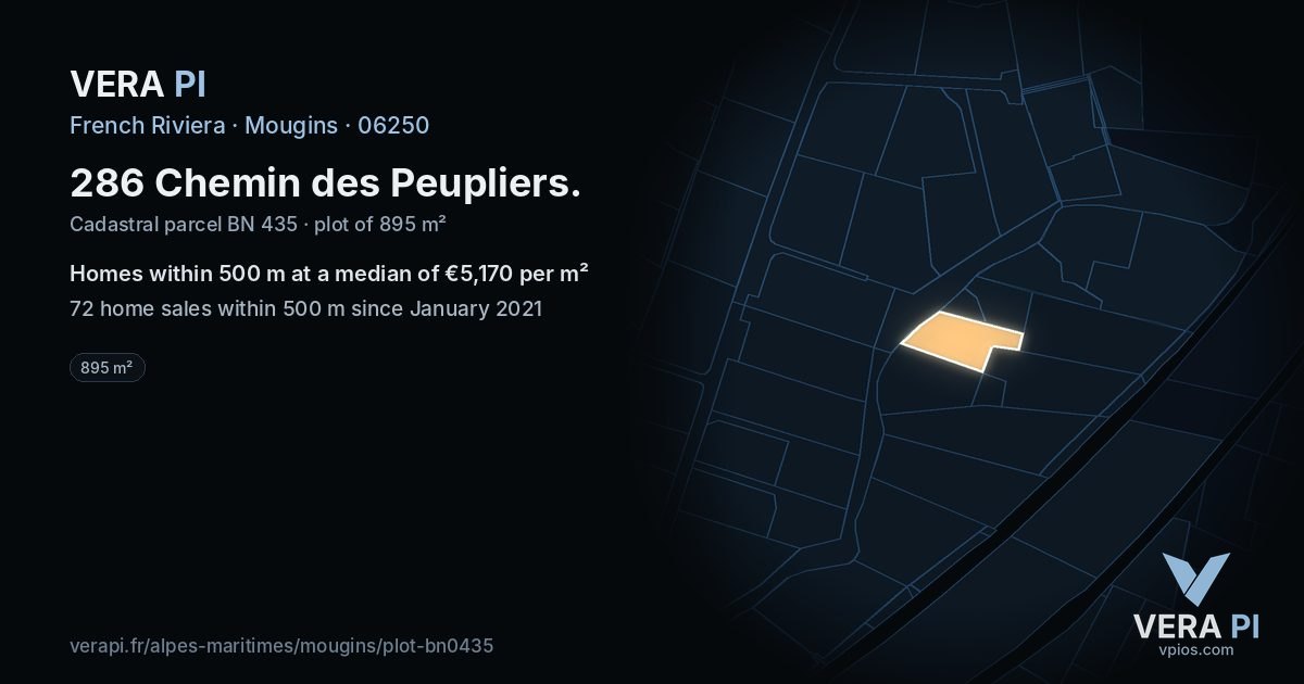 286 Chemin des Peupliers, Mougins at night – the plot lit, the parcels around coloured by the prices near them