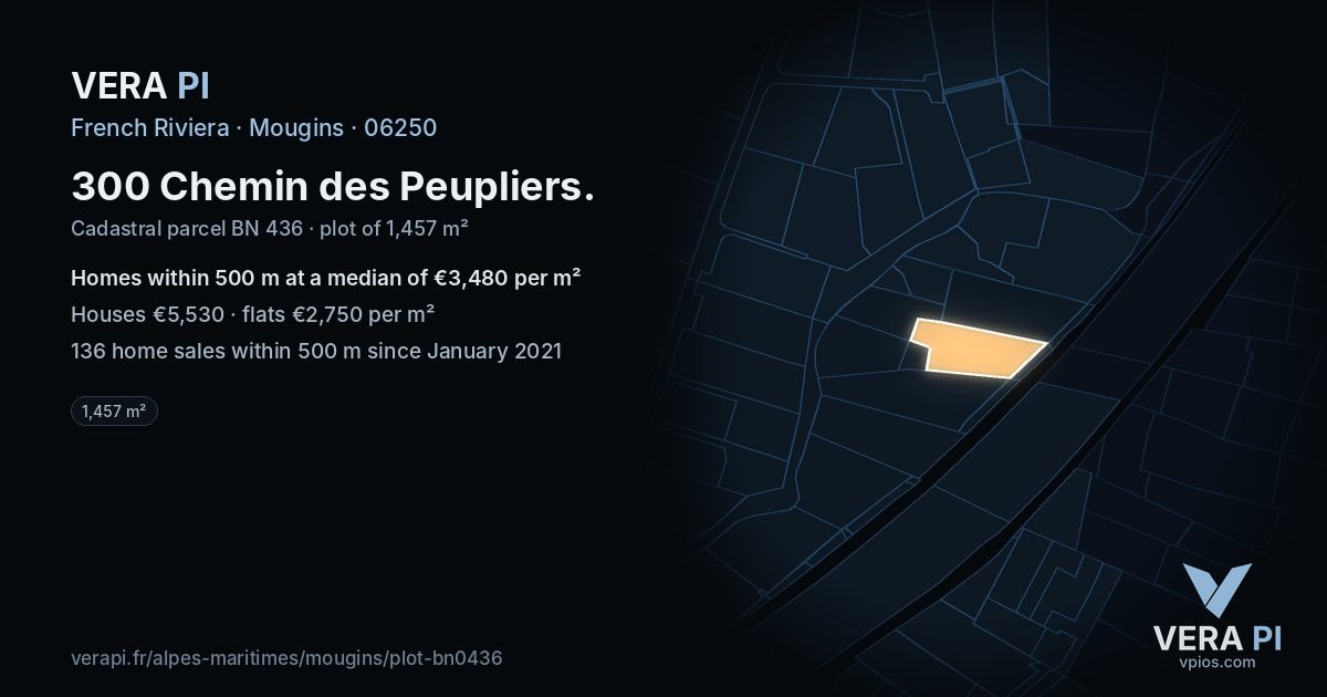300 Chemin des Peupliers, Mougins at night – the plot lit, the parcels around coloured by the prices near them