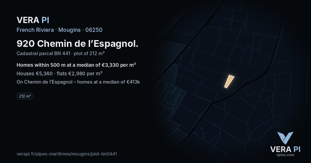 920 Chemin de l’Espagnol, Mougins at night – the plot lit, the parcels around coloured by the prices near them
